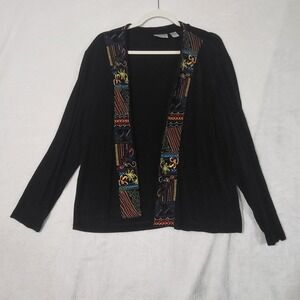 Chico's Travelers Cardigan Sweater Womens 3 Black Embroidered Boho Open Front